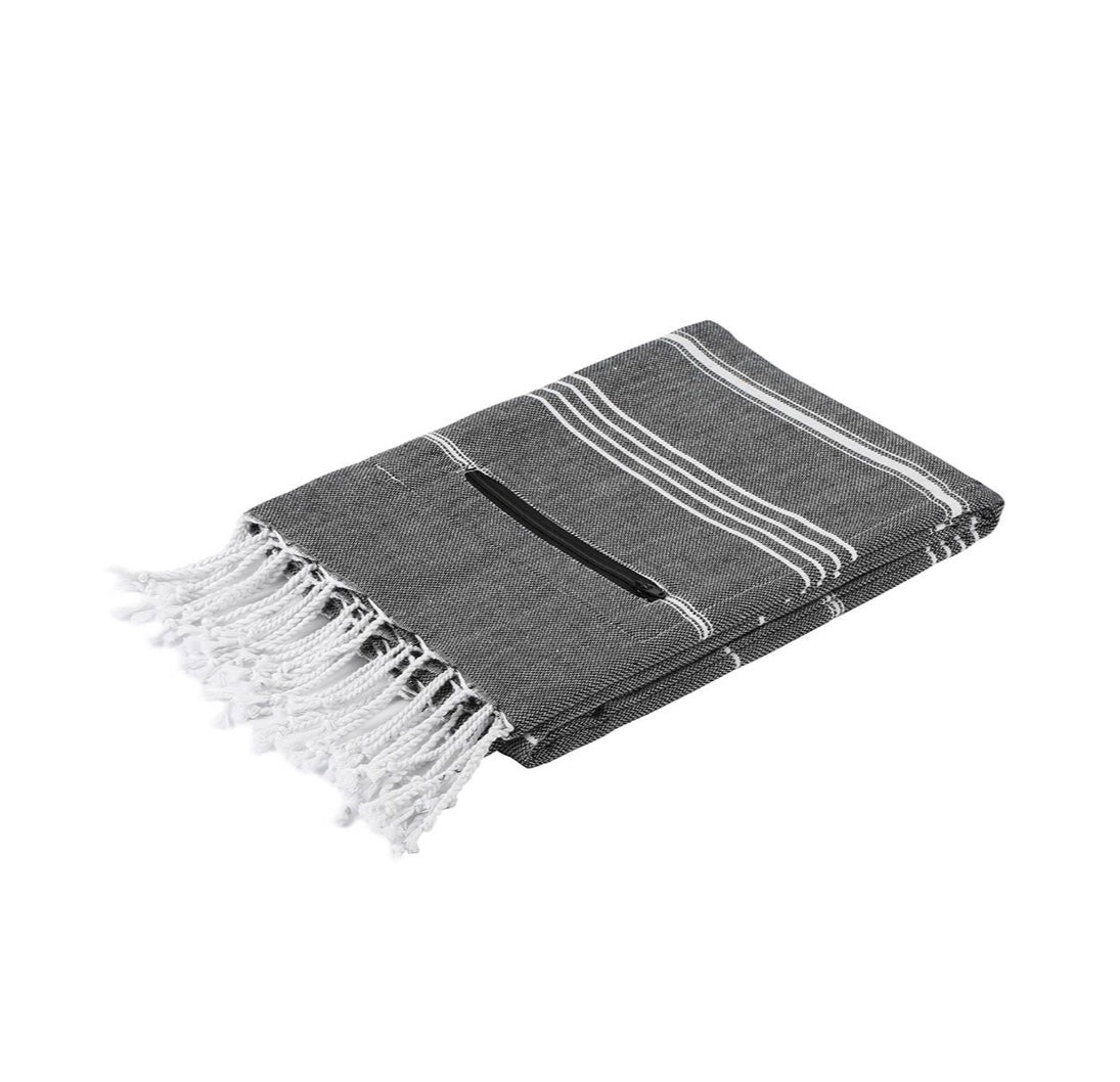 Turkish cotton beach towel with small zipper pocket in black.
