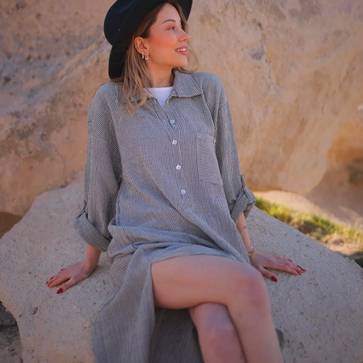 Grey striped gauze dress