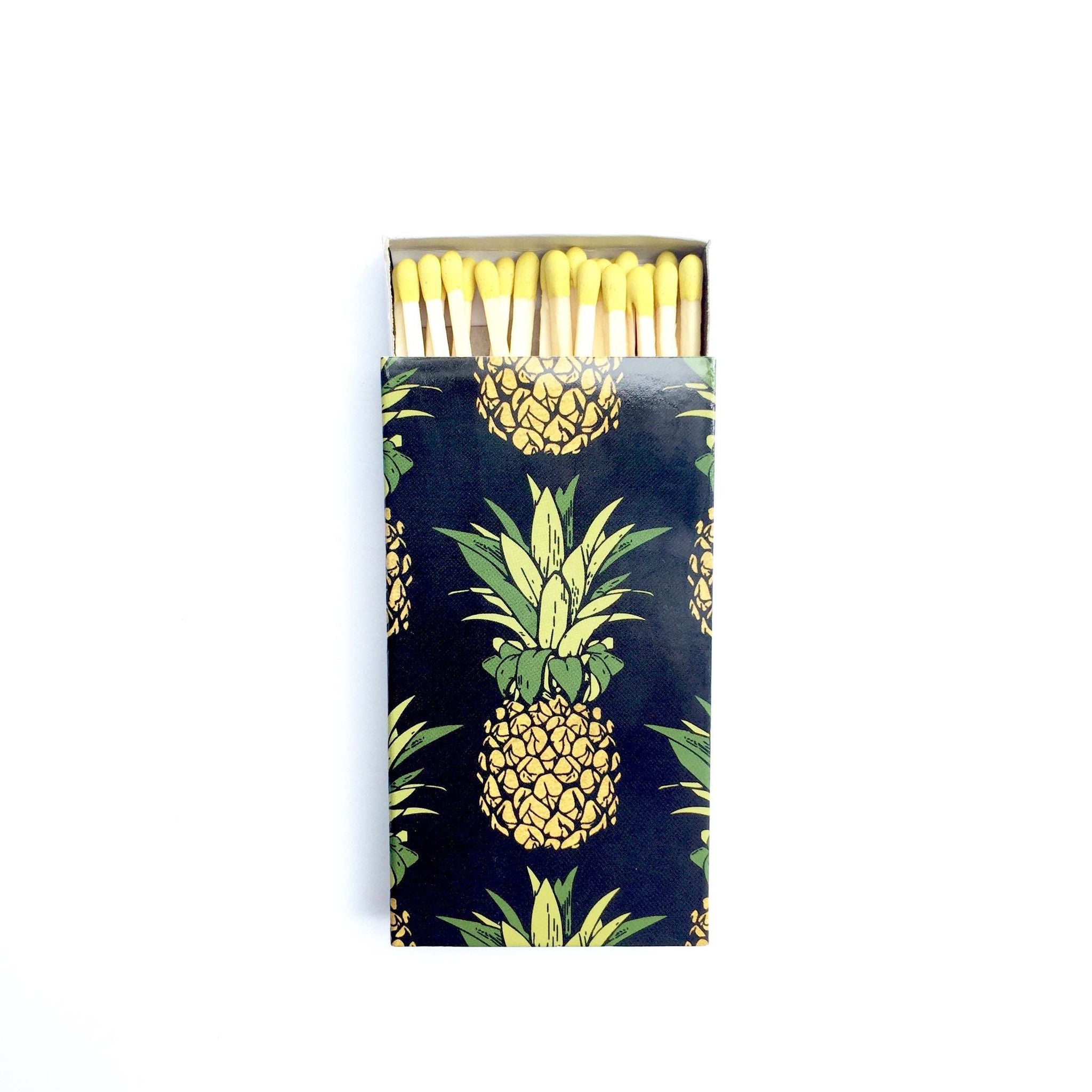 These Pineapple jumbo matches are perfect for lighting our hand poured soy candles!  These decorative matches are a lovely addition to enhance any home décor.  Our designer match boxes are reusable, and each comes with 50 matches tipped in yellow.