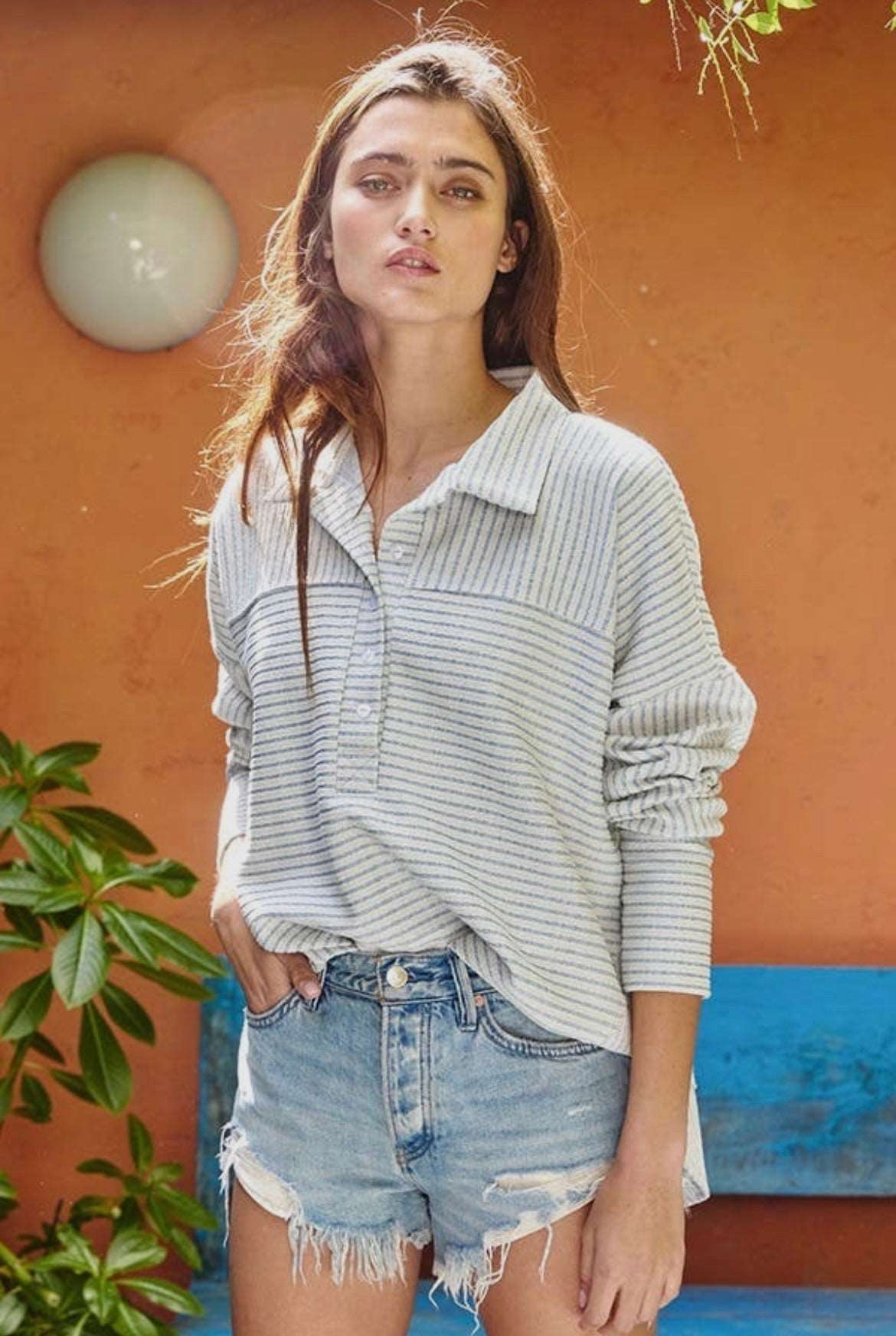 Ribbed Button Up Long Sleeve Pullover