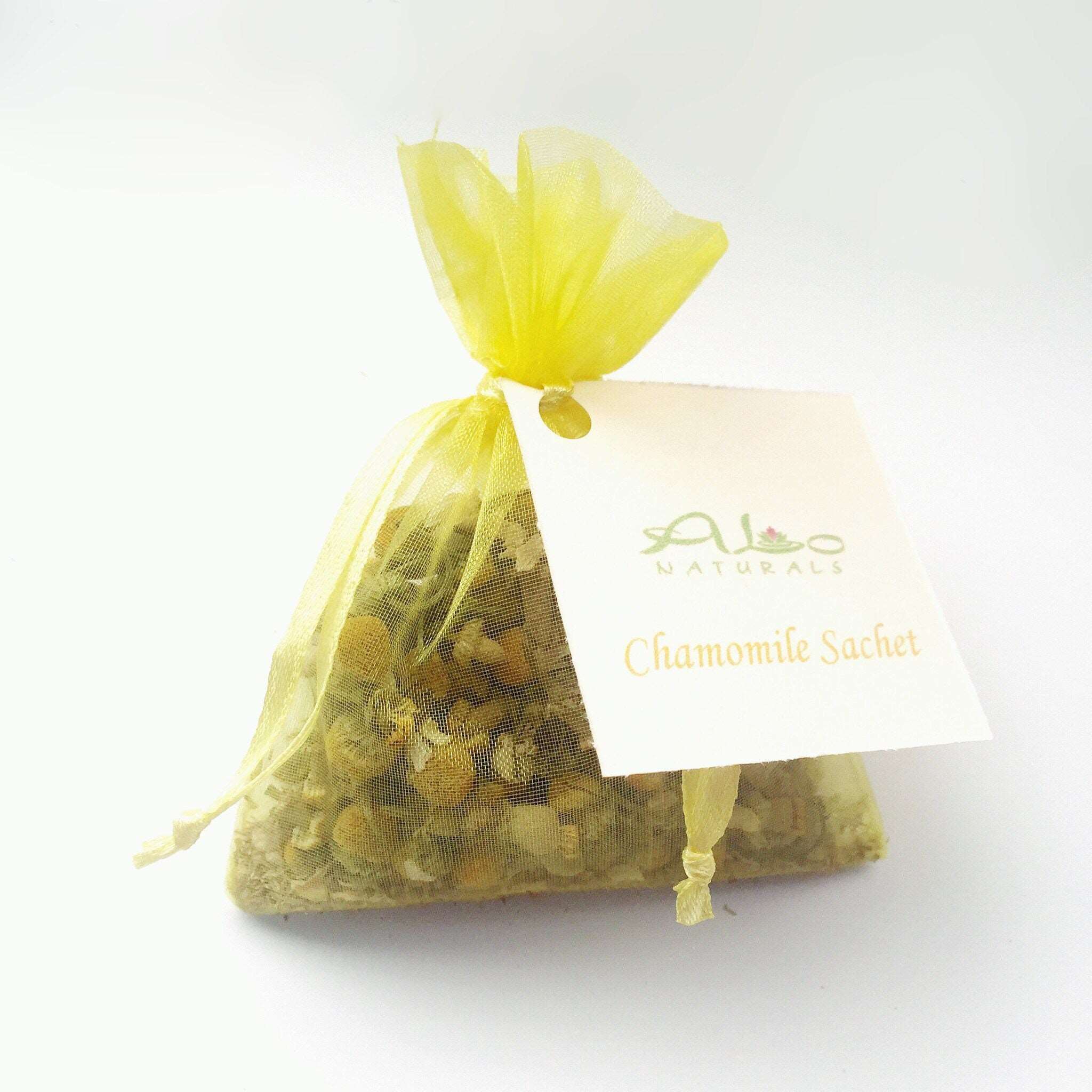 These calming Chamomile sachets are handmade by us with all natural botanicals.  Place in a drawer, closet, car, suitcase, purse, or anywhere you desire a fresh, pure, and natural scent!