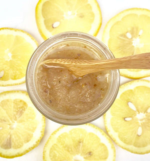 Lemon Peel Dead Sea salt scrub.  This fresh citrus scent is uplifting and will help increase the luster of dull skin.  It works as an astringent and detoxifying agent, rejuvenating sagging or tired looking skin.  It has antiseptic properties which aid in treating blemishes and various skin disorders.  Lemon is also recommended for reducing excessive oil on the skin.
