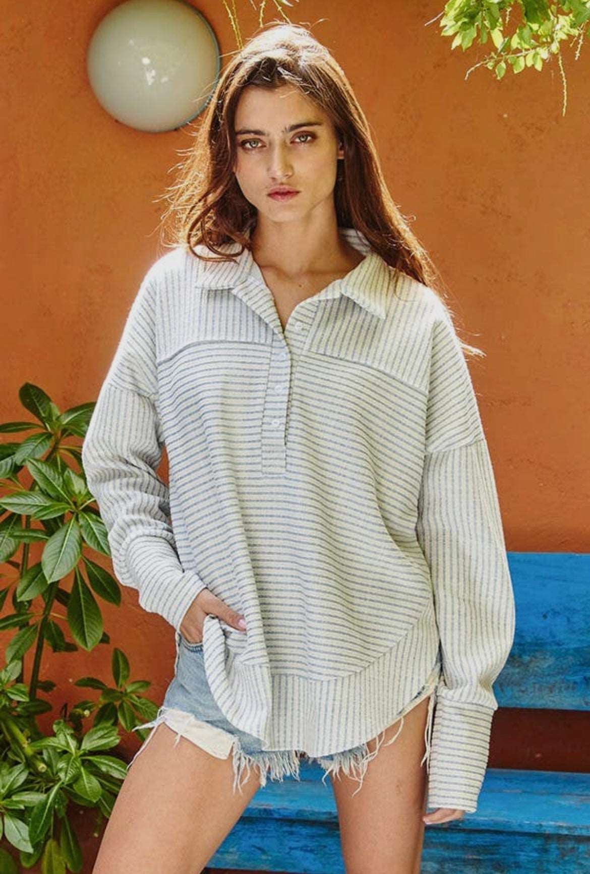 Ribbed Button Up Long Sleeve Pullover