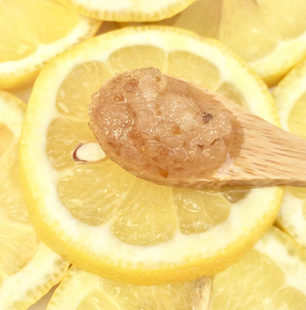Lemon Peel Dead Sea salt scrub.  Dead Sea salt has been used for centuries to promote health and wellness, treat minor skin disorders, detoxify the body, aid in anti-aging, and improve blood circulation which promotes healing and renewal.  This salt has a lower sodium content than regular sea salt which balances minerals that feed and nourish the skin and body.