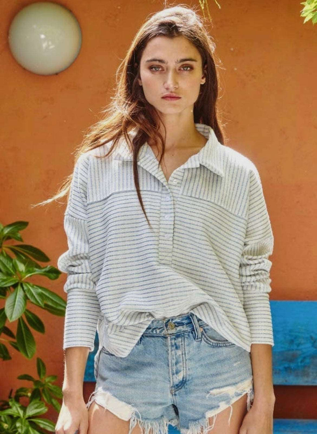 Ribbed Button Up Long Sleeve Pullover