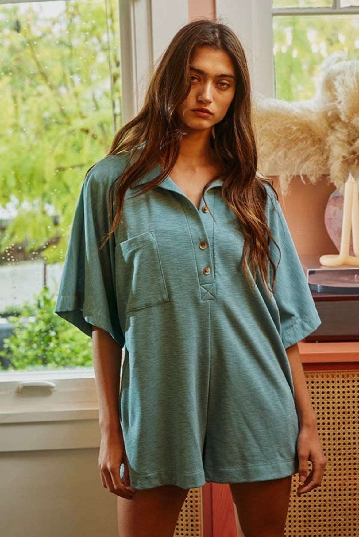 Oversized Button Up Collard Solid Jersey Romper