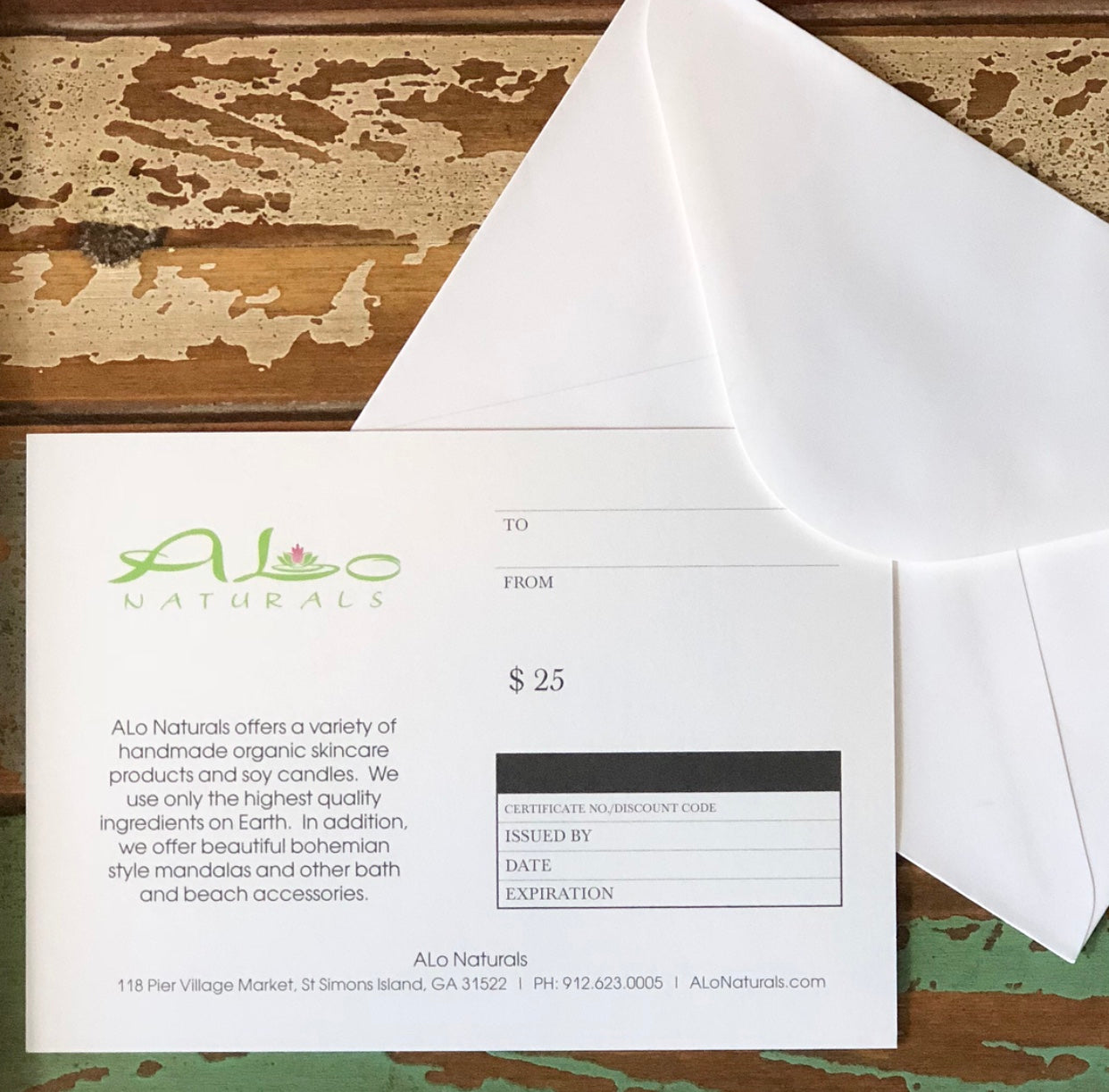 Our gift certificates come in $25, $50, and $100.  They come with an envelope so they can be given as a gift.  Can be used on any item in store or online!