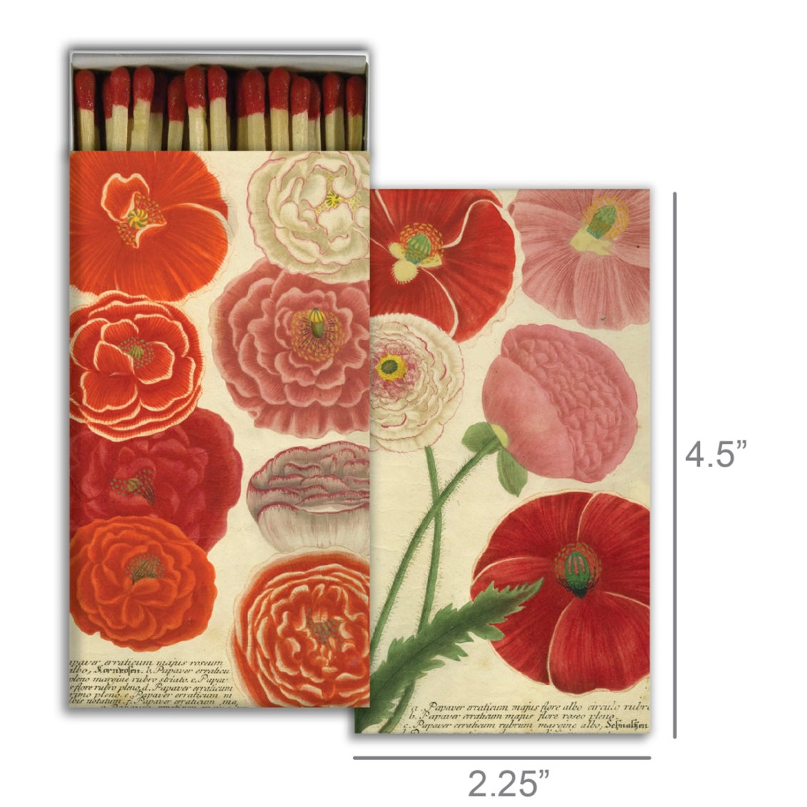 Poppies decorative jumbo matches. A quintessential article of daily use, our Match Boxes flaunt unique designs with coordinating match tips. Sweet as a hostess gift, a perfect pairing to a candle and always an eye catching pop of graphic decor. Safety matches, 50 sticks per box.  Match boxes measure 4.5x2.5x.75.