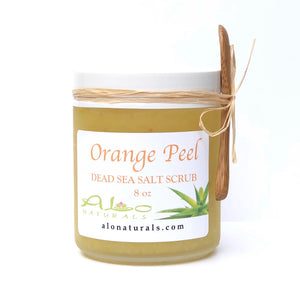 Orange essential oil helps to achieve bright, clear, and healthy skin.  It is known to be uplifting, reducing symptoms of anxiety and depression.  Dead Sea salt has been used for centuries to promote health and wellness, treat minor skin disorders, detoxify the body, aid in anti-aging, and improve blood circulation which promotes healing and renewal.  This salt has a lower sodium content than regular sea salt which balances minerals that feed and nourish the skin and body.   8 ounce jar.