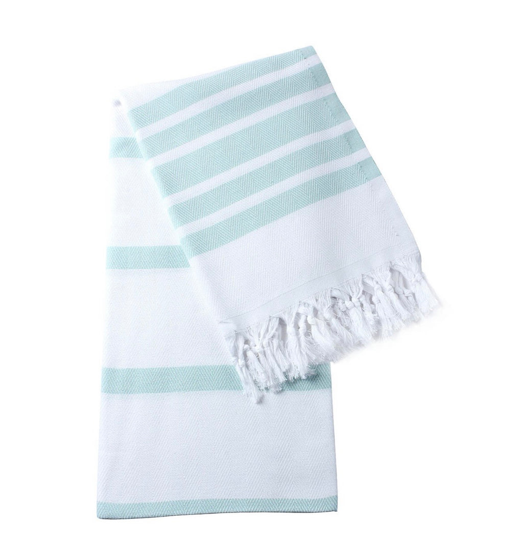 Perfect beach or bath towel!  Turkish cotton.  Soft, absorbent, quick dry, antimicrobial.  White and aquamarine striped.