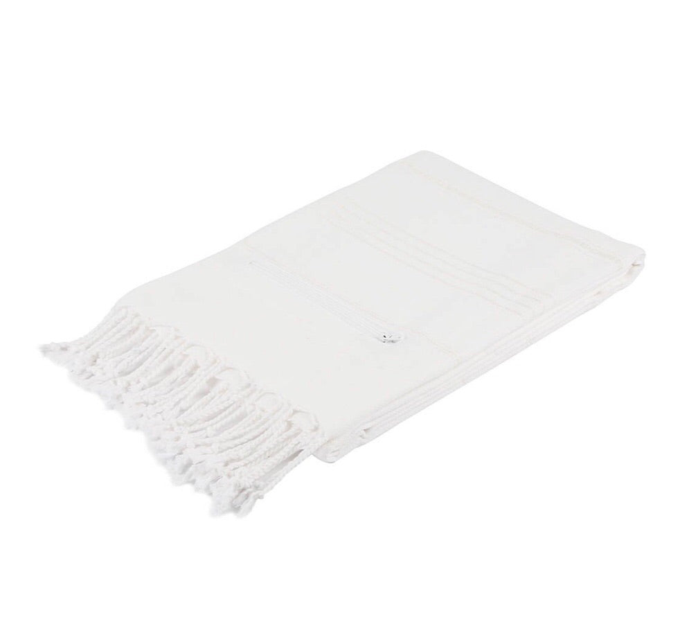 Turkish cotton beach towel with small zipper pocket in white.