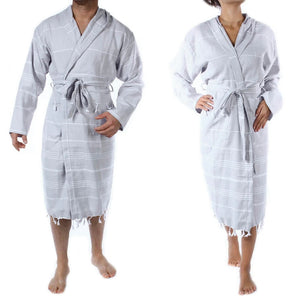 Stylish luxury Turkish cotton bathrobe with tassels, pockets, and a hood.  Light Gray color.