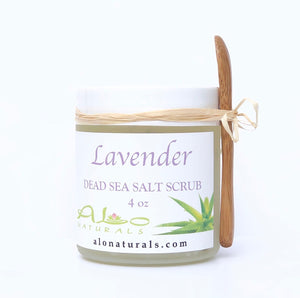 Lavender Dead Sea salt scrub.  Natural ingredients.  Made with Dead Sea salt and scented with essential oils, our scrubs promote soft, luxurious feeling skin.  Natural way to health and wellness, detox, anti-aging, healing, and renewal of skin.  Nourish, Exfoliate, and Hydrate.  3 in 1!  4 ounce jar.  Comes with bamboo scooping spoon.
