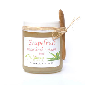Grapefruit salt scrub.  8 ounce jar.  Dead Sea salt has been used for centuries to promote health and wellness, treat minor skin disorders, detoxify the body, aid in anti-aging, and improve blood circulation which promotes healing and renewal.  This salt has a lower sodium content than regular sea salt which balances minerals that feed and nourish the skin and body. 