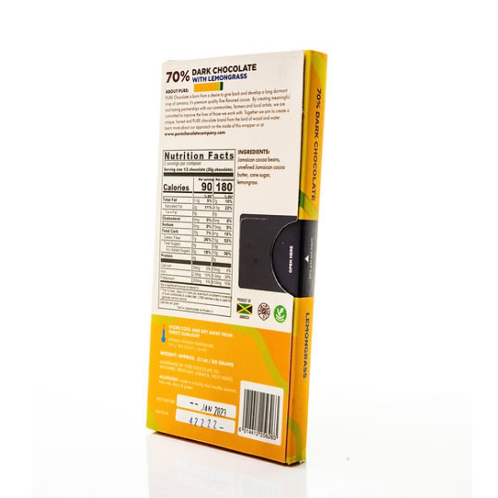Farm to bar PURE Jamaican chocolate with a beautifully subtle hint of lemongrass.
