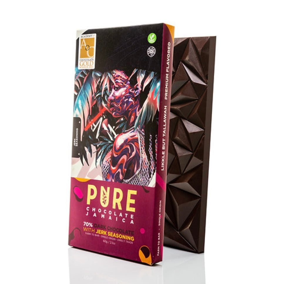 Award winning Jerk Seasoning organic chocolate bar by PURE Chocolate Jamaica.
