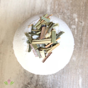 Lemongrass Coconut Dead Sea salt bath bomb!  This scent has a sweet yet tart scent making it tantalizing!  The fresh scent of Lemongrass can aid in curing depression and anxiety.  It has soothing, sedating, and calming effects on the mind.