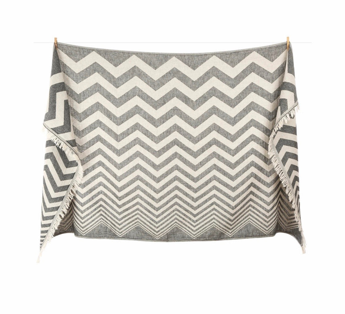 This beautiful chevron patterned towel is hand loomed from 100% Turkish Cotton. It is the traditional flat-woven towels that was used in the legendary Turkish bath. Known for its softness, absorbency, quick dry, light weight, hypoallergenic, and antibacterial properties. Perfect for everyday use after a bath, at the beach, pool, or picnic. Can also be tied around and worn like a sarong, shawl, or scarf! It folds up small making them perfect for travel.  Black/natural.