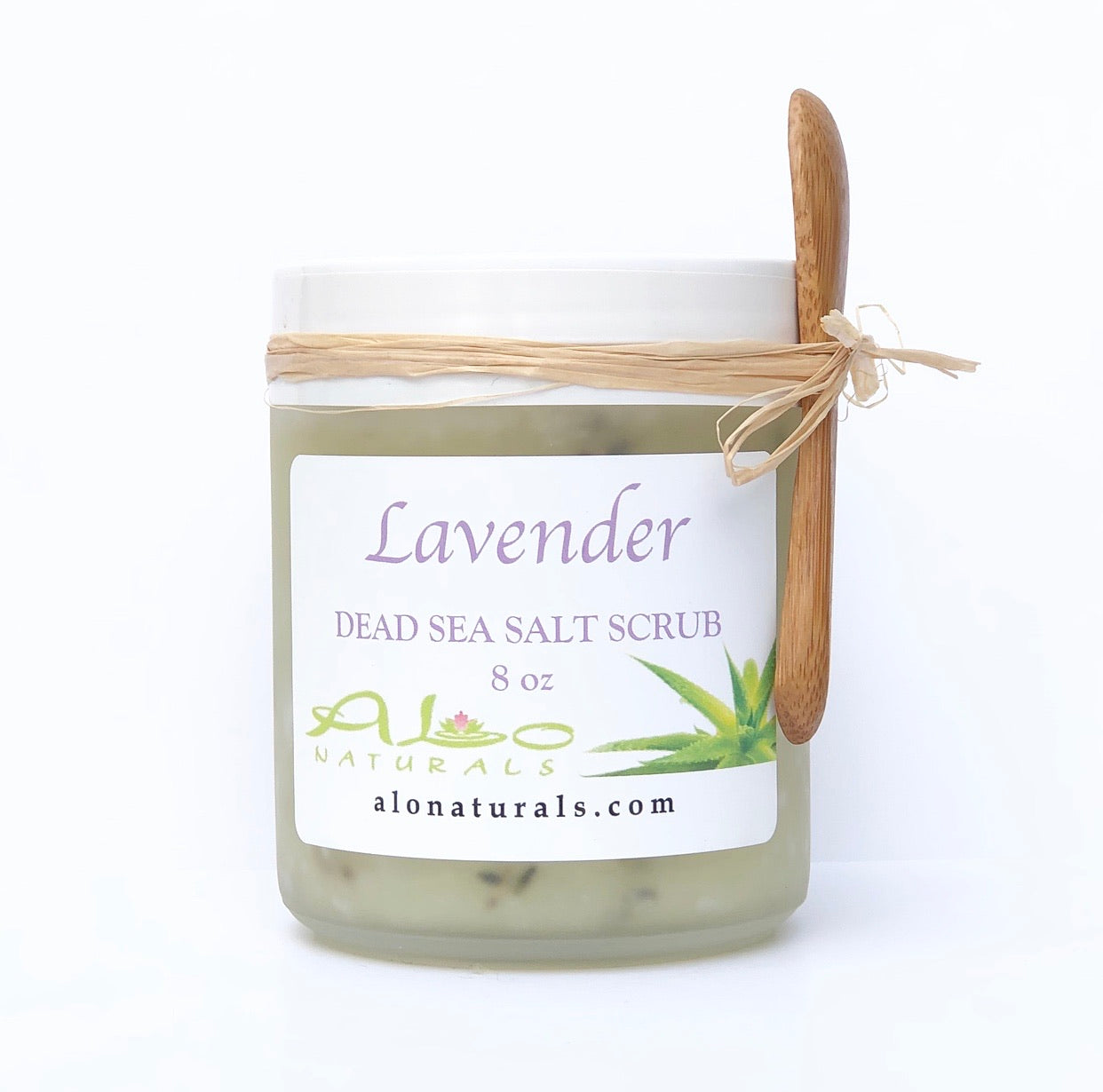 Lavender Dead Sea salt scrub.  Natural ingredients.  Made with Dead Sea salt and scented with essential oils, our scrubs promote soft, luxurious feeling skin.  Natural way to health and wellness, detox, anti-aging, healing, and renewal of skin.  Nourish, Exfoliate, and Hydrate.  3 in 1!  8 ounce jar.  Comes with bamboo scooping spoon.