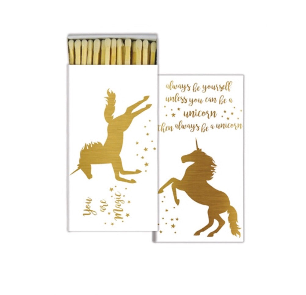 These Unicorn jumbo matches are perfect for lighting our hand poured soy candles!  These decorative matches are a lovely addition to enhance any home décor.  Our designer match boxes are reusable, and each comes with 50 matches tipped in white. 