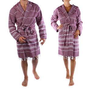 So comfy and so soft, this beautiful Turkish cotton bathrobe is light weight and perfect for after bath or lounging around the house.  Bordeaux color.