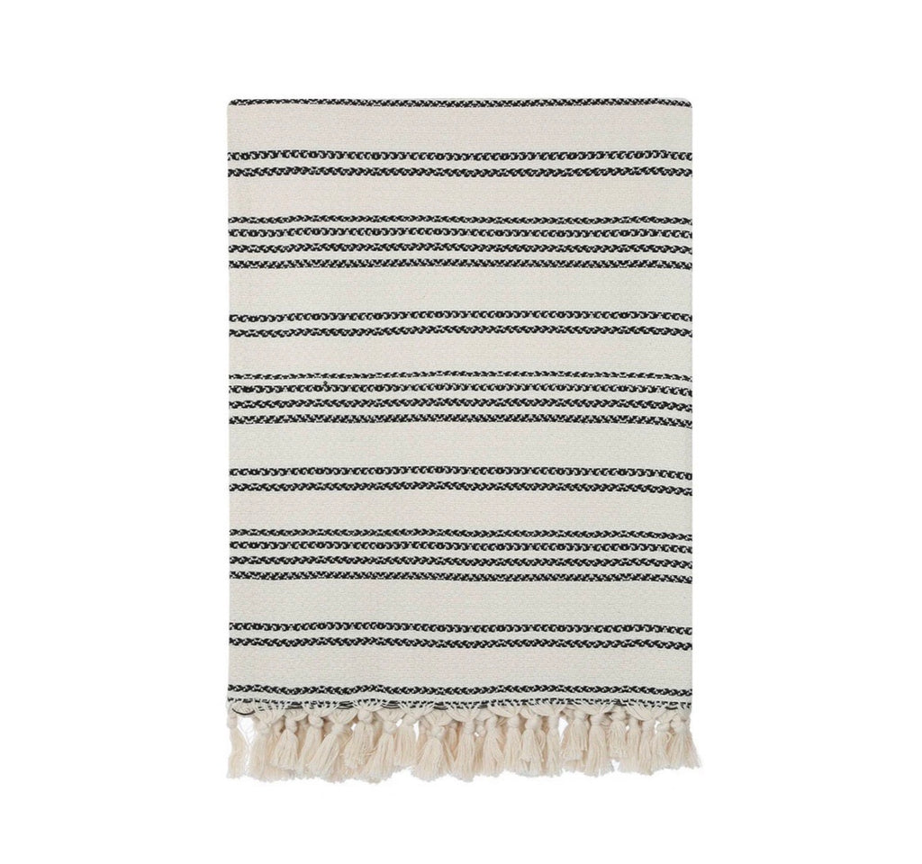 Ready to get cozy?  This throw blanket is hand loomed with 100% Turkish cotton, in a stylish striped pattern of black and natural colors.  Turkish cotton is known for its softness, comfort, light weight, hypoallergenic, and antimicrobial properties.  It can be used as a throw blanket on a bed, couch, picnic, or even at the beach!  Get ready to stay warm and comfy!  Fair trade.  Measure 71"x 94.5". XL King size.