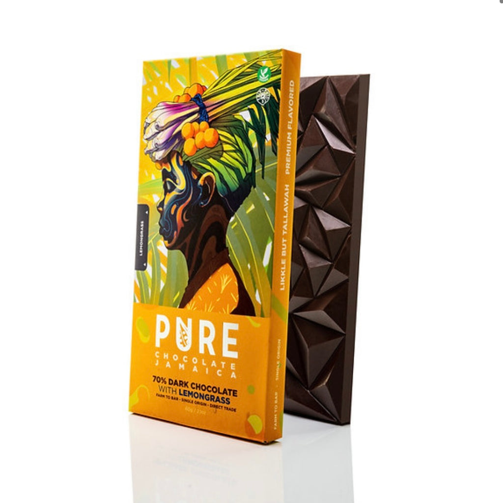 Farm to bar PURE Jamaican chocolate with a beautifully subtle hint of lemongrass.